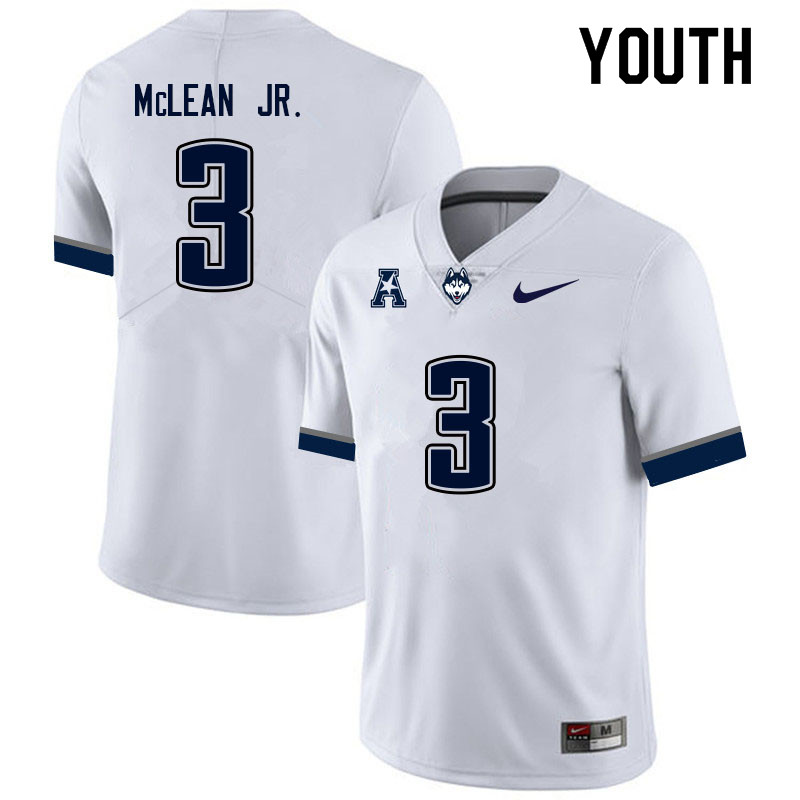 Youth #3 Deon Mclean Jr. Uconn Huskies College Football Jerseys Sale-White - Click Image to Close